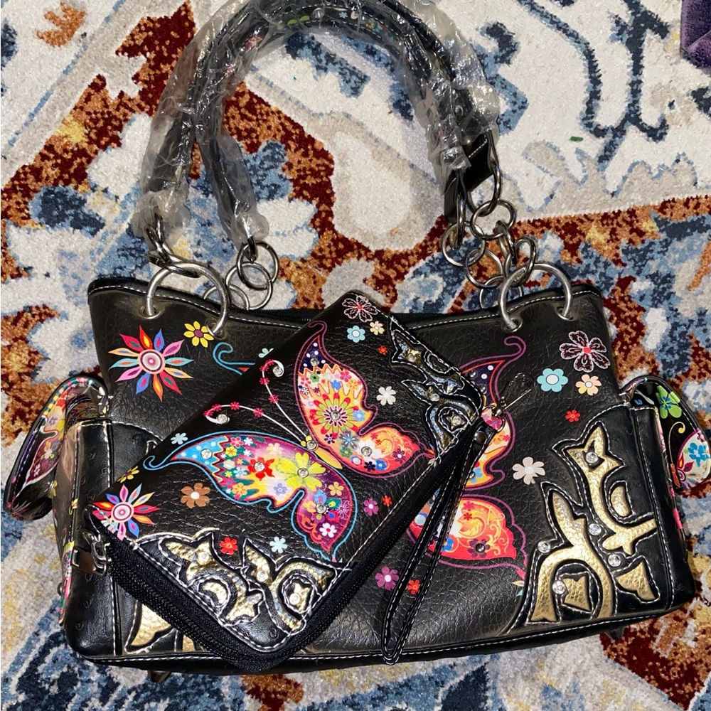 Black and brown Shoulder Bag with Floral Motifs